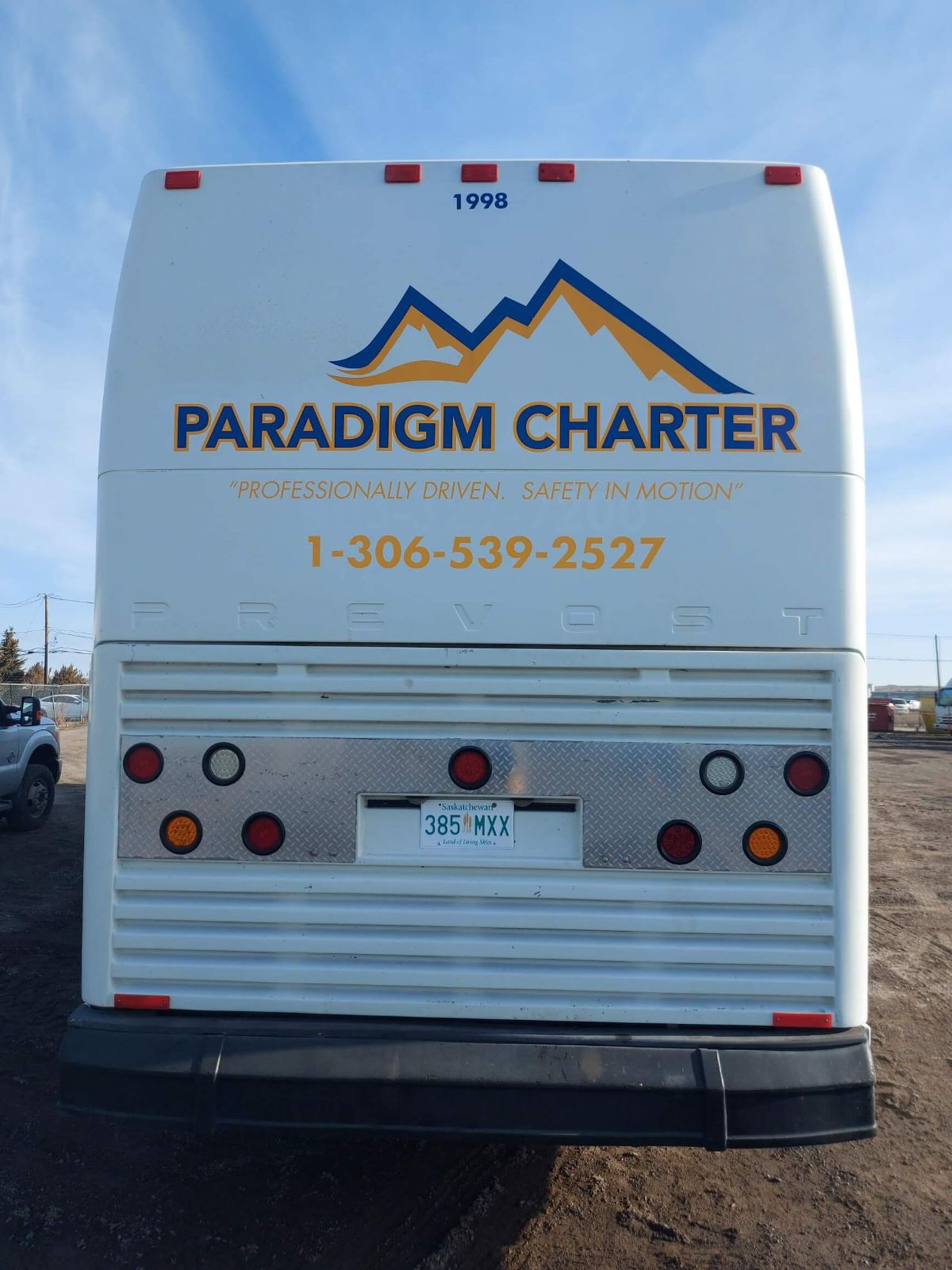 Exterior view of the Prevost H3-45, Paradigm Charter Bus Lines' flagship model, exemplifying the quality offered by bus companies in Saskatchewan.